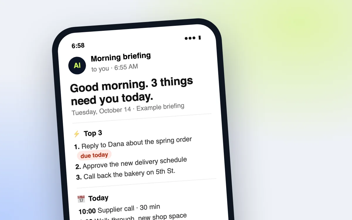 An example morning briefing email on a phone