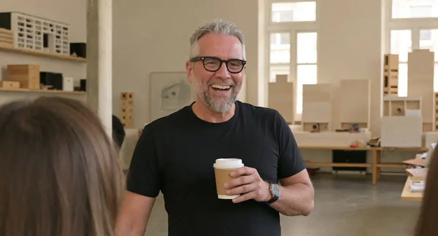 Marc Kleinmann laughing with a coffee in a studio full of architecture models