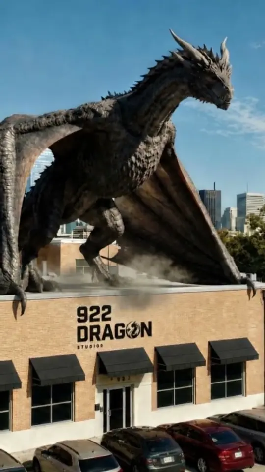 A dragon flies over Dallas and lands on the roof of the 922 Dragon studio
